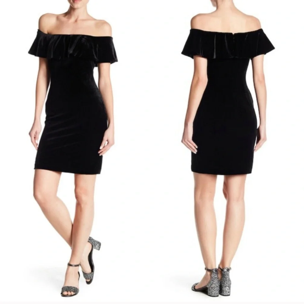 Eliza J Black Velvet Ruffled Off Shoulder Dress 4 LBD NWT